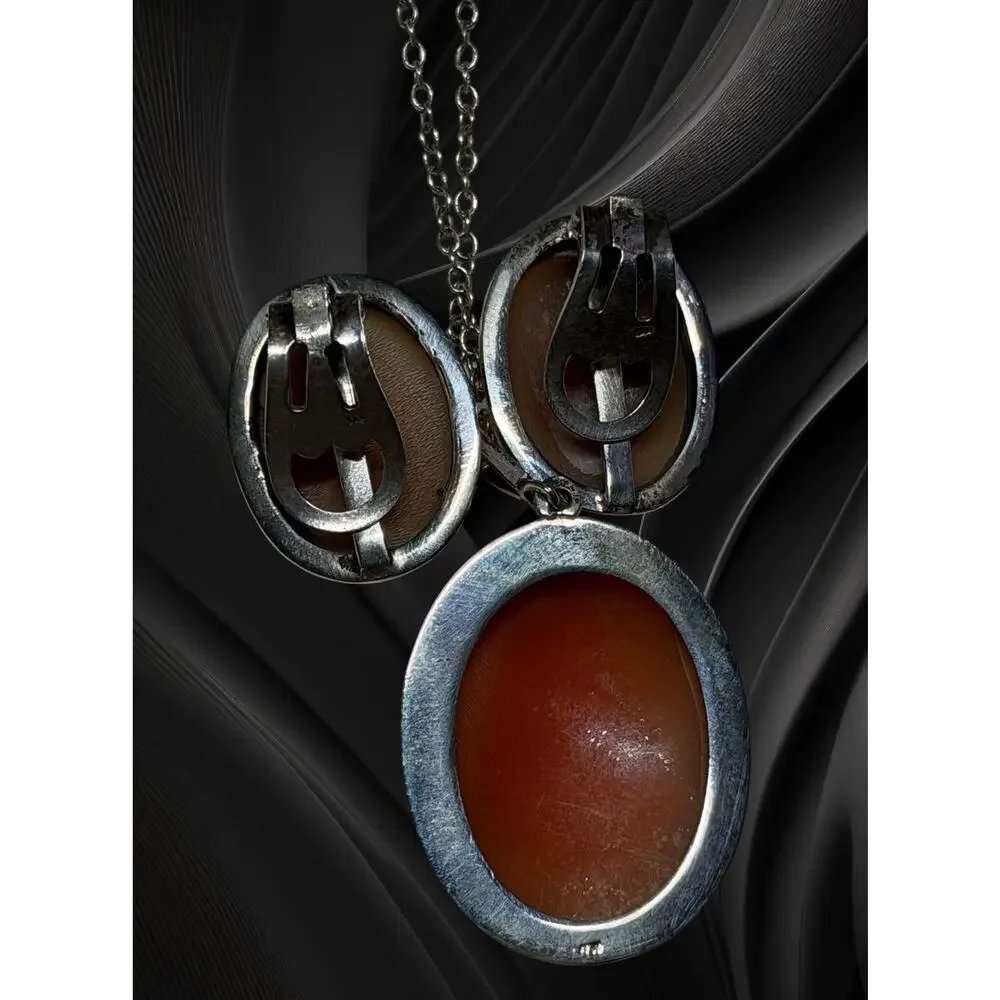 Vintage Sterling Shell Cameo Dancing Muse Necklace & Matching Clip Earrings Set